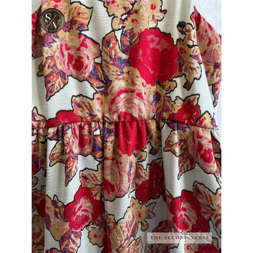 Rachel Antonoff Anthropologie Red Rose Midi Floral Dress Size 0 Petite - Picture 7 of 12